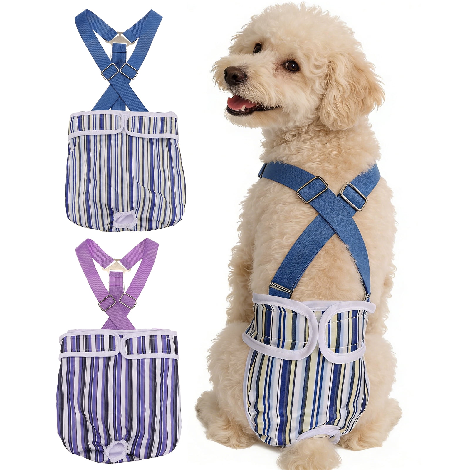 Washable Female Dog Diapers with Suspender, Reusable Dog Diapers Absorbent Leakproof(Striped Purple/Striped Blue XL, 2Pcs), Intended for Female in Heat Cycle