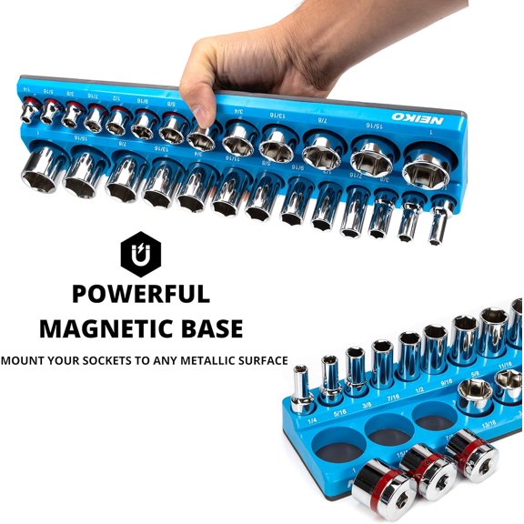 UYGDUY-03972A Magnetic Socket Holder, 3/8 Drive, 1/4 to 1 SAE, Shallow & Deep Sockets Tray, Standard Socket Set Organizer, Socket Organizers for Toolboxes Trays, Scratch Free, High