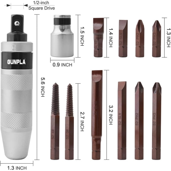 UYGDUY- 1/2" Hand Manual Impact Driver, S2 Alloy Steel Impact Screwdriver Set Manual Impact Driver with Slotted, Phillips and Hexagonal Bit Set for Removing Rusted Fasteners, 12 PCS