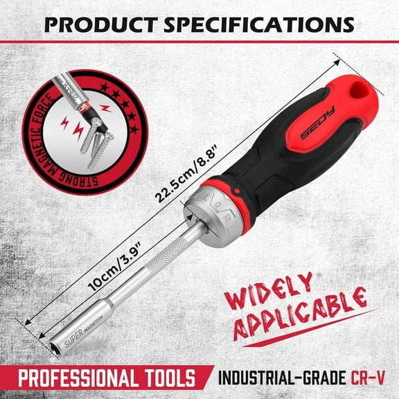 UYGDUY-1/4 Magnetic Ratcheting Screwdriver, Durable Bit Holding Screwdriver With Non-Slip Handle 220mm Long Multi Tip Screwdrivers Ratchet Bits Driver Ergonomic Cushion Grip For Garage & Daily Repai