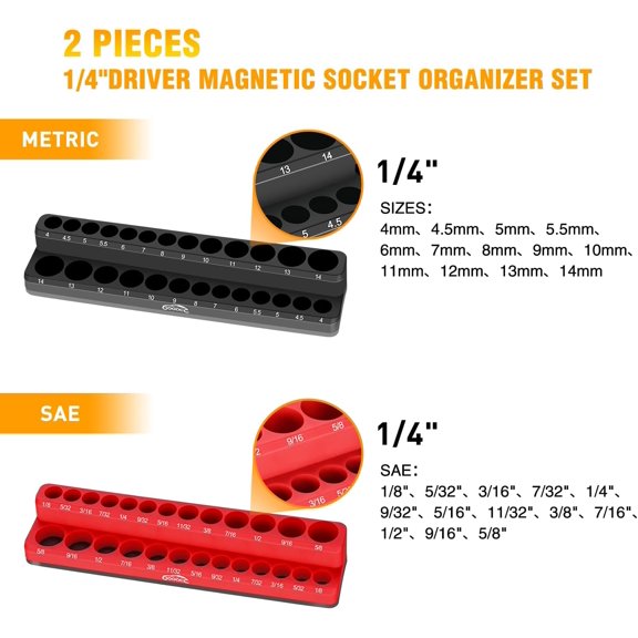 UYGDUY-1/4" Magnetic Socket Organizer, 2 Pieces Socket Holder Metric SAE Socket Tray, 1/4 inch Socket Organizer Tray Holds 52 Standard Sockets for Tool Box Drawer