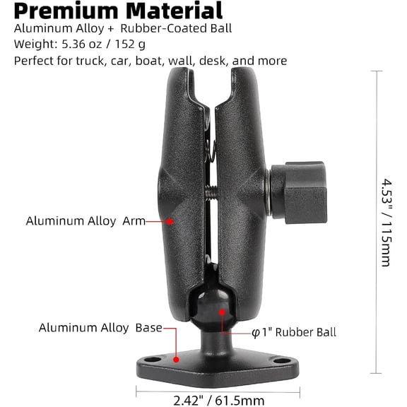 UYGDUY-1" Ball Mount Diamond Base with Medium Double Socket Arm, Aluminum Alloy Material, Standard AMPS Hole Pattern, Compatible with RAM Mounts B Size 1" Ball Components