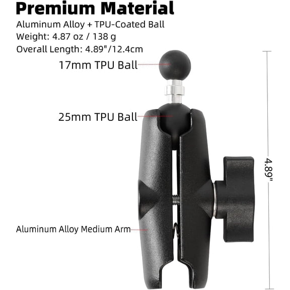 UYGDUY-1 inch to 17mm Ball Adapter with 3.54" Medium Double Socket Arm, Compatible with RAM B Size Mounts, Fits Garmin GPS Mount and 17mm Swivel Ball Mounting Phone Holders