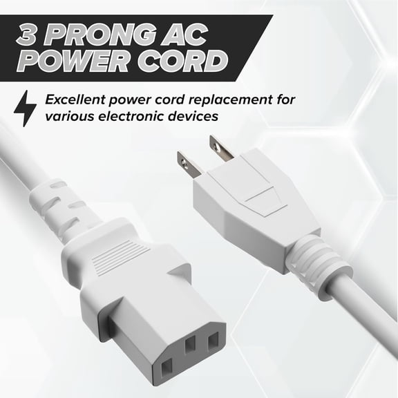 UYGDUY-10 FT 3-Prong AC White Power Cable for Computers, Servers, Desktops, Medical Equipment - NEMA 5-15P to C13 / IEC 320 - C13 Power Supply Cord 10 Feet (3 Meters), White
