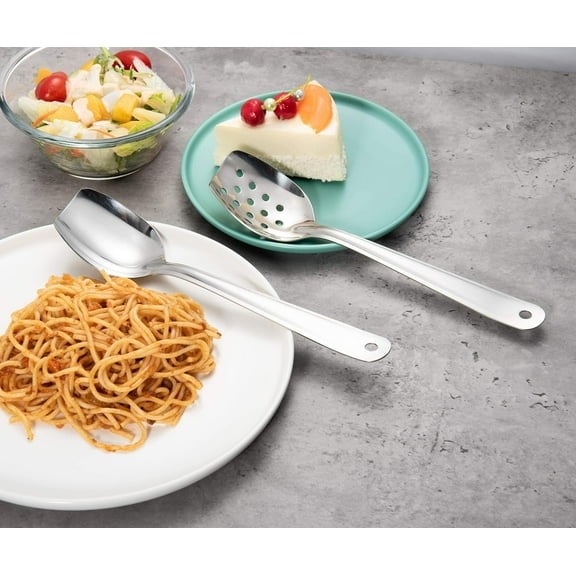 UYGDUY-10 Inch Flat Bottom Scraping Cooking Spoon Set of 2, 18/8 Stainless Steel Slotted & Solid Stirring Spoon, Flat Edge Kitchen Spoon for Stir Fry, Sauce, Soup, Instant Pot