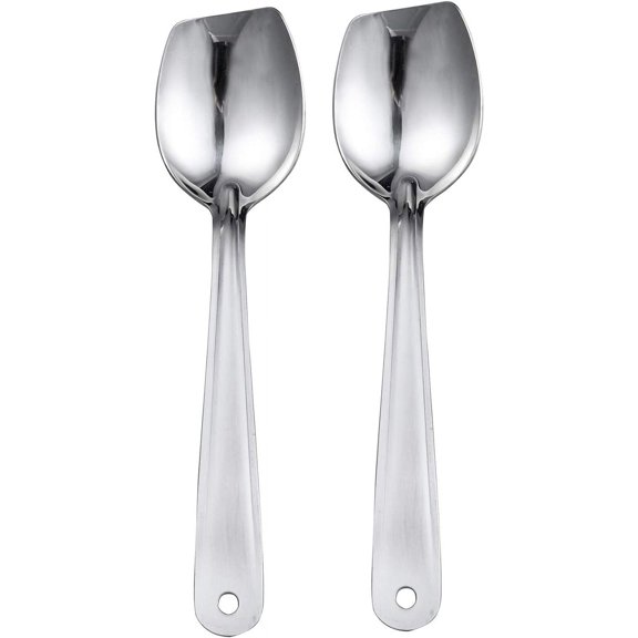 UYGDUY-10-Inch Flat Bottom Solid Cooking Spoon Set of 2, 18/8 Stainless Steel Scraping Spoon for Stirring, Roux, Sauces, Cast Iron & Skillet Cooking
