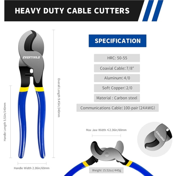 UYGDUY-10-Inch Heavy Duty Cable Cutter, High Leverage Wire Cutter for Battery Cable, Aluminum, Copper, and Communication Cable, Clean Cut Tool for Electrical, Telecom and Wiring Work