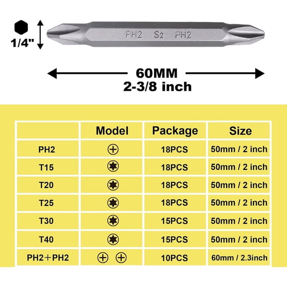 UYGDUY-10 PCS Double Ended Phillips Bit, 2-Inch S2 Steel Phillips Bits #2 Impact, CNC Machined Tips,1/4" Hex Shank Magnetic PH2 Drill Bits,for Pro Auto, Furniture & Deck Jobs