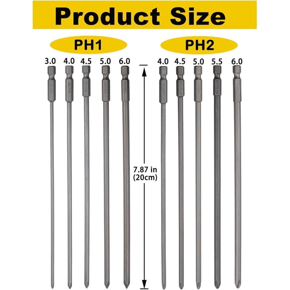 UYGDUY-10 Pack Extra Long Phillips Screwdriver Bit Sets, 1/4 Inch Hex Shank Magnetic Screwdriver Bits Cross Head S2, 8 Inch