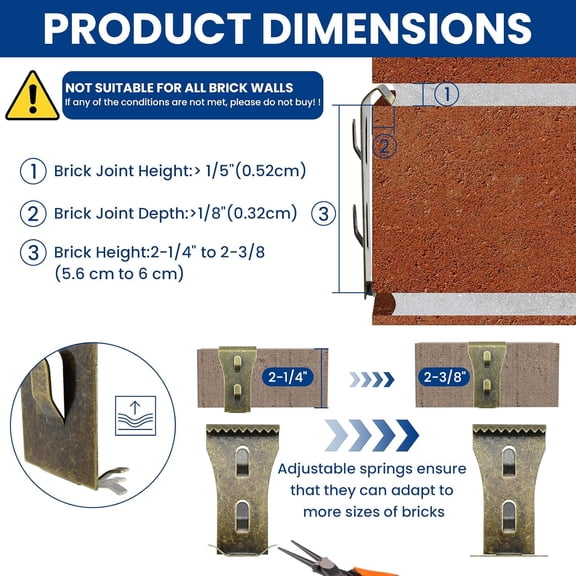 UYGDUY-10 Pcs Brick Clips for Hanging Outdoors, No Drill Brick Hooks Hangers Fit Brick 2-1/4" to 2-3/8" in Height, Heavy Duty Brick Wall Hangers Clamps for Outside Home Decor Brick Hooks