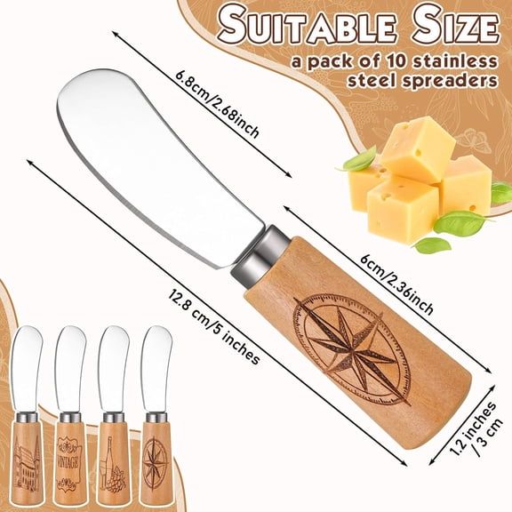 UYGDUY-10 Pcs Vintage Wine Cheese and Butter Spreader Knives Butter Spreader Knives Multipurpose Rustic Decor with Hand Painted Wooden Handle Stainless Steel Blade