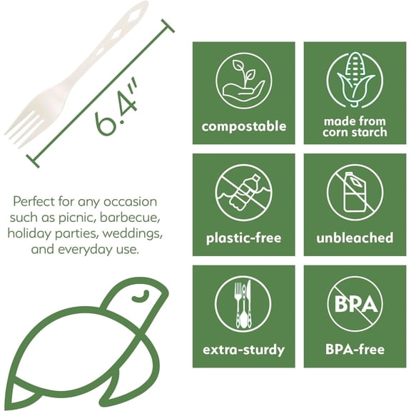 UYGDUY-100% Compostable Non Plastic Forks [100 Pack] CPLA Disposable Forks. Non Plastic Silverware Set. Eco-Friendly Cutlery, Off White Flatware, Extra Sturdy Utensils, by