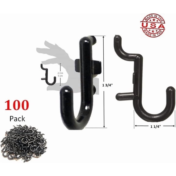 UYGDUY-100Pcs Pegboard Accessory Peg Hook Set  Durable, Self-Locking Black 1/4" J-Style FlexLock Peg Hooks for Hanging Tools, Storage, and Wall Organization