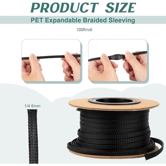 UYGDUY-100ft 1/4 Inches Braided Wire Loom PET Cable Loom Expandable Braided Cable Sleeving Mesh Automotive Split Wire Loom for TV, Computer, Home Theater, Black