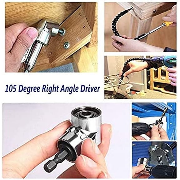 UYGDUY-105 Degree Right Angle Driver Angle Extension Power Screwdriver Drill Attachment with 1/4 Drive 6mm Hex Bit Magnetic Drill Bit Socket Angled Bit Power Drill Tool and Soft Shaft
