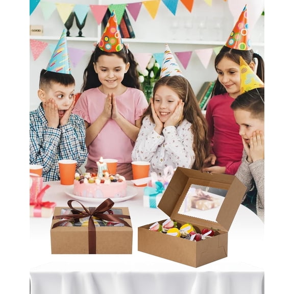 UYGDUY-10Pcs Cookie Boxes with Ribbons, 9x6x3 Inch Bakery Boxes with Window, Brown Treat Containers for Pastries, Chocolate Covered Strawberries, Dessert, Easter Candy, Muffins, Donuts