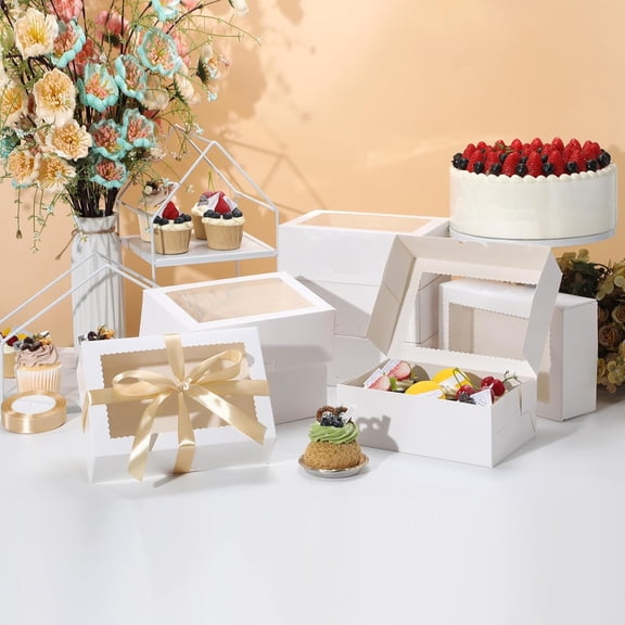 UYGDUY-10Pcs Cookie Boxes with Ribbons, 9x6x3 Inch Bakery Boxes with Window, White Treat Containers for Pastries, Chocolate Covered Strawberries, Dessert, Easter Candy, Muffins, Donuts