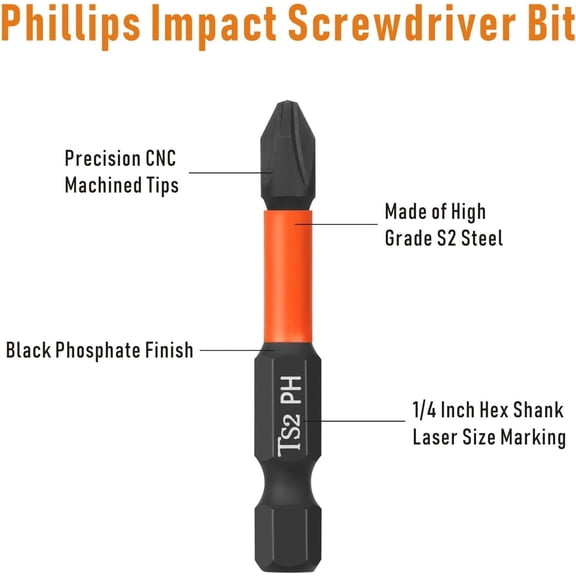 UYGDUY-10Pcs PH2 Impact Screwdriver Bits, 1"/2/2.5/3.5/5 Length 2Pcs Each, 1/4 Inch Hex Shank, S2 Steel Magnetic Impact Phillips Screwdriver Bits Set