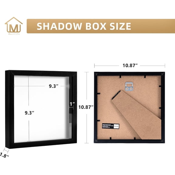 UYGDUY-10x10 Shadow Box Picture Frame for Wall and Tabletop Display - Deep Wood & Glass Display Rustic Case Ready to Hang Memorabilia, Pins, Awards, Medals, Wedding, Tickets, and Photos, Black