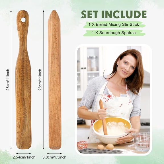 UYGDUY-11 Inch Wooden Sourdough Bread Mixing Stir and 13 Inch Wooden Spatula Paddle Stirring Stick for Kitchen Cooking Mixing Tool for Sourdough Starter Cookware Pot(Beech Wood)