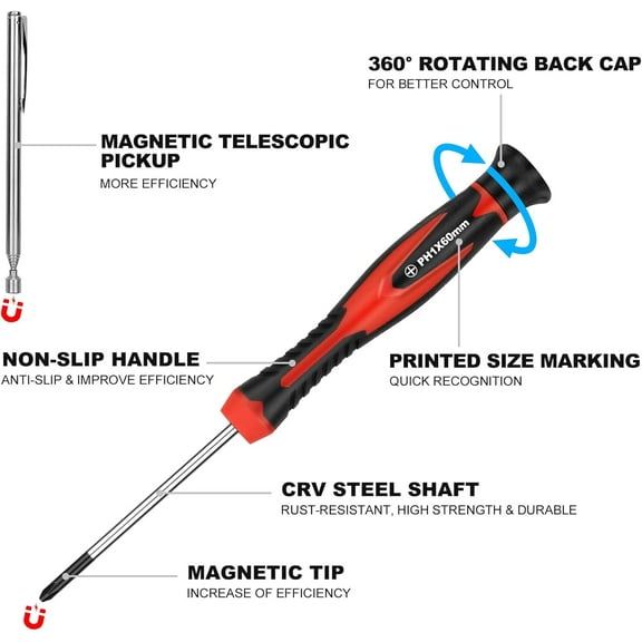 UYGDUY-11-PCS Precision Screwdriver Set with Telescoping Magnetic Pickup Tool, Magnetic Small Screwdrivers with Phillips, Slotted,Torx Star,Cr-V Steel, Mini Screw Drivers for Eyeglass, Watch,Phone
