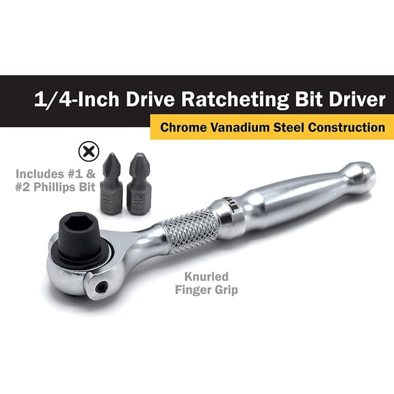 UYGDUY-11318 1/4-Inch Drive x 4-Inch 90-Tooth Swivel Head Micro Ratcheting Bit Driver - Silver
