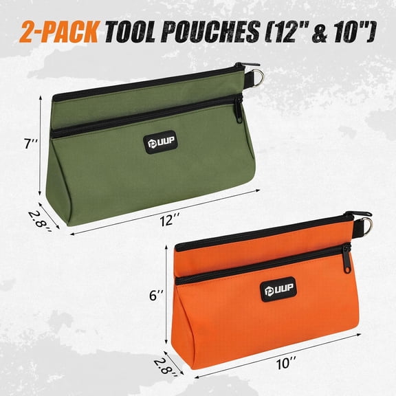 UYGDUY-12 10" Small Tool Pouch 2 Pack, Zipper Tool Bag 2 Compartments, Utility Hand Bag with D-Ring, Toolbox Organization, Screwdriver Dril Storage Tool Box, Mechanic Men Dad Gifts, Orange/Green