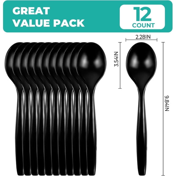 UYGDUY-12 Count Black Plastic Serving Spoons, 10" Disposable Heavy Duty Plastic Serving Utensils for Catering Weddings Parties Buffets Events and Stock Your Home (Black, 12PCS Spoons)