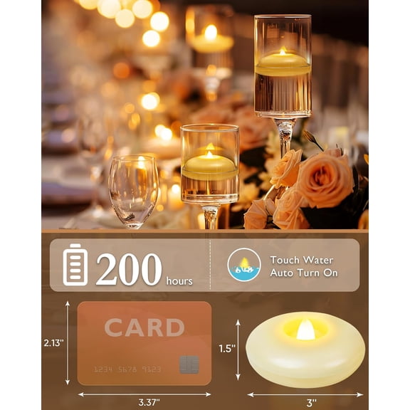 UYGDUY-12 Pack 3 Flameless Led Floating Candles, 200 Hour Battery Operated Flickering Waterproof Tealights for Cylinder Vases, Centerpieces at Wedding, Party, Pool, Holiday (Ivory Base)