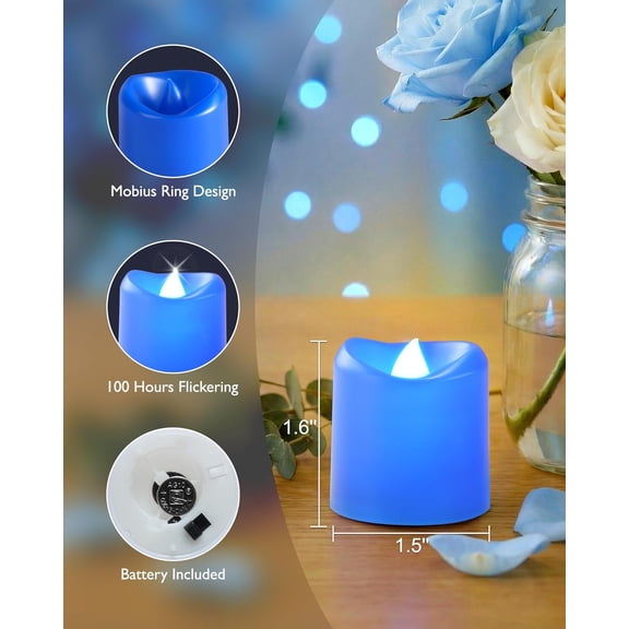 UYGDUY-12-Pack Blue Flameless Candles, Flickering Votive Candles, 100 Hours Battery Powered Tealights for Theme Party, Dating, Wedding, Halloween, Table Centerpiece, Home Decor