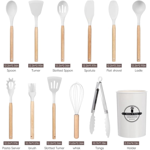 UYGDUY-12 Pcs Kitchen Utensils Set, 446F Heat Resistant Silicone Cooking Utensils Set, Non-Toxic Wooden Utensil Set, Kitchen Gadgets Tools Set for Nonstick Cookware, Kitchen Accessories, White