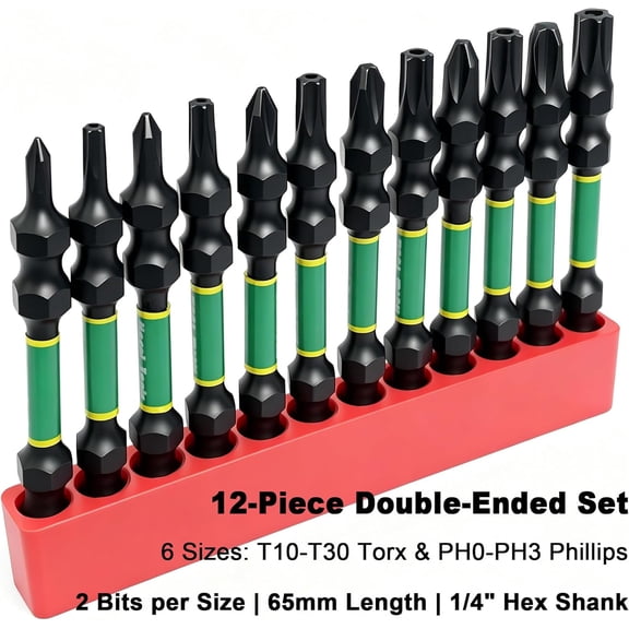 UYGDUY-12-Piece Double-Ended Torx & Phillips Screwdriver Bit Set, 1/4" Hex Shank 65mm, Premium S2 Steel (HRC 58-62), Magnetic Impact Grade, TT10-TT30 & PH0-PH3, Heavy Duty for Impact Drivers & Power