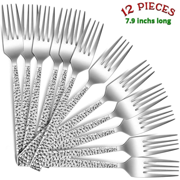 UYGDUY-12-Piece Hammered Dinner Forks Set, 7.9 Inch Stainless Steel Forks for Home, Kitchen or Restaurant, Non-toxic & Mirror Polished, Squared Edge & Dishwasher Safe