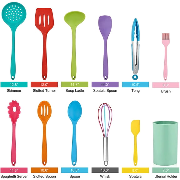 UYGDUY-12-Piece Silicone Kitchen Cooking Utensils with Holder, Kitchen Tools Set Include Slotted Spatula Spoon Turner Ladle Tong Whisk, Dishwasher Safe, Multi Colored