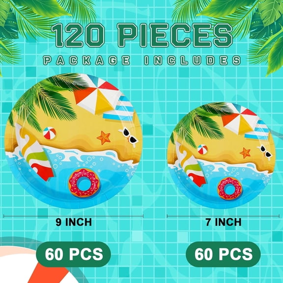 UYGDUY-120 Pcs Summer Party Paper Plates, Disposable Beach Plates and Dessert Plate for Pool Party Decorations, Sun and Tropical Theme Birthday Tableware, 7 Inch and 9 Inch