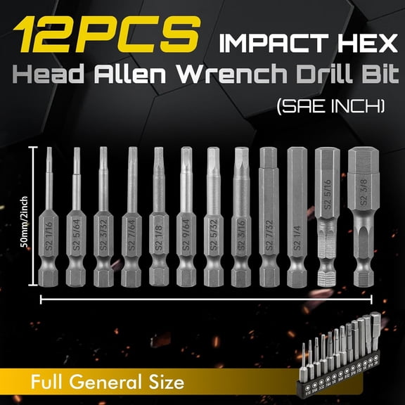 UYGDUY-12PCS Hex Head Allen Wrench Drill Bit Set,SAE Hex Bit Set,1/4 Inch Square Shank Impact Hex CNC Machined Screwdriver Bits(50mm)