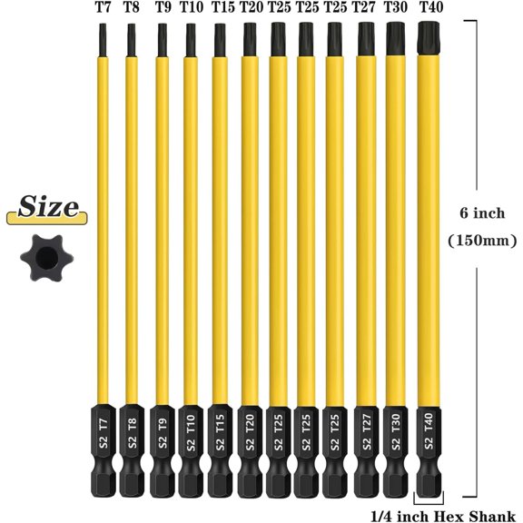 UYGDUY-12PCS T7-T40 Torx Screwdriver Bit Set 6 Inch / 150mm Long Star Screw Driver Drill Bits S2 Steel Magnetic Torx Head 1/4 Inch Hex Shank Security Tamper Proof Star 6 Point Impact Driver Bit