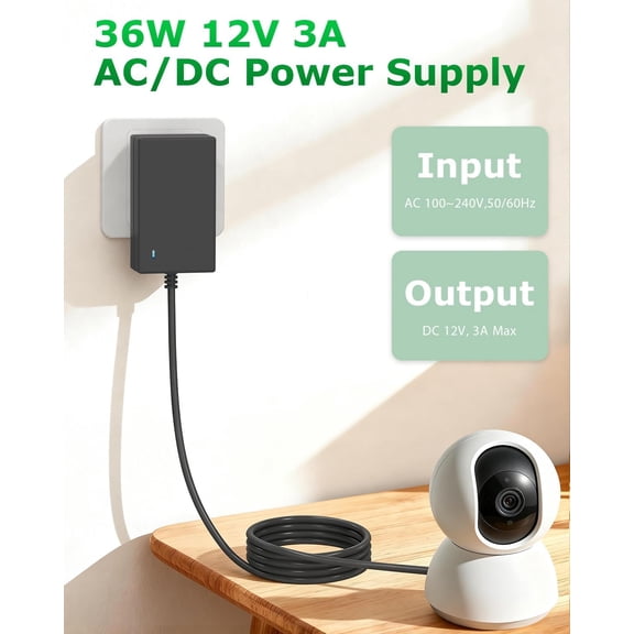 UYGDUY-12V 3A Power Supply Adapter 36W Input AC 100V-240V to DC 12Volt 3amp Power Cord with 5.5x2.5mm Output Jack for LED Strip Module Light 3D Printer CCTV Security Camera Speaker with DC Tips 4.9FT