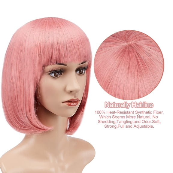UYGDUY-13 Inches Straight Heat Resistant Short Bob Hair Wigs with Flat Bangs for Women Cosplay Daily Party - Pink
