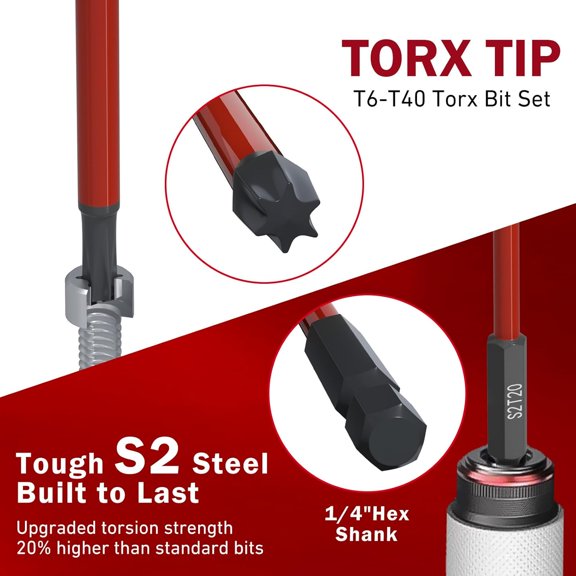 UYGDUY-13-Piece Long Torx Bit Set, 6-Inch (150mm), T6-T40, Magnetic S2 Steel, 1/4" Hex Shank, CNC Precision Tips for Impact Drivers, Drills, and Screwdrivers