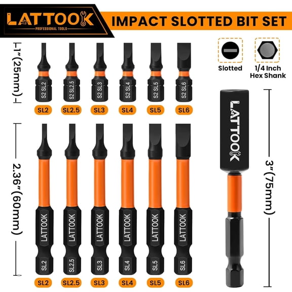 UYGDUY-13-Pieces Impact Slotted Bit Set, 1/4'' Hex Shank Slotted Screwdriver Bit Set Flat Head Bits, Magnetic S2 Steel, 2.3'' & 1'' Long, SL2, SL2.5, SL3, SL4, SL5, SL6