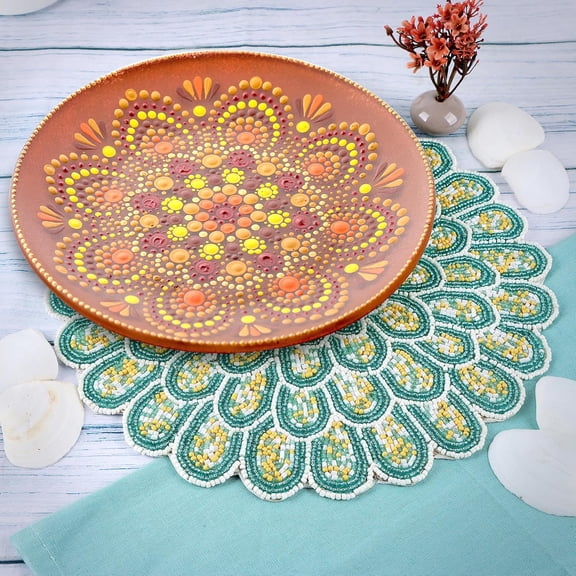 UYGDUY-13 inch Round Beads Placemats Handcrafted Glass Beaded Polyester Table Mats - Place Mats for Harvest Autumn Kitchen Dining Party Table Decor Festival Everyday Use (Green White) - ALPHA Living