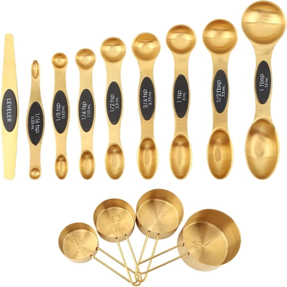 UYGDUY-13pcs Gold Stainless Steel Measuring Cups and Spoons Set, 8 Double-Sided Magnetic Measuring Spoons & 4 Metal Measure Cups & 1 Leveler for Liquid Dry Ingredients Cooking Baking(COLOR:Gold)