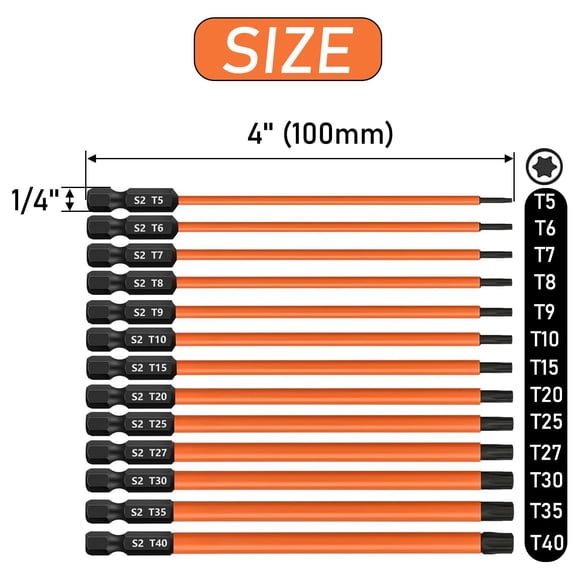 UYGDUY-13pcs Torx Screwdriver Bit Set (T5-T40) Magnetic S2 Steel Torx Head Drill Bit Set 1/4'' Hex Shank Impact Bit CNC Machined 6-Point Star Bit Set for Impact Driver (4 Inch/ 100mm Length)