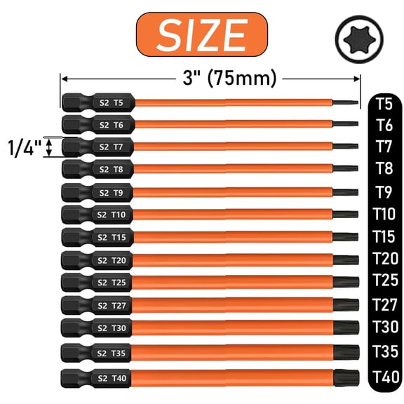 UYGDUY-13pcs Torx Screwdriver Bit Set (T5-T40) Magnetic S2 Steel Torx Head Drill Bit Set CNC Machined 6-Point Star Bit Set 1/4'' Hex Shank Impact Bit for Impact Driver (3 Inch/ 75mm Length)