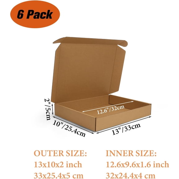 UYGDUY-13x10x2 inch Shipping Boxes 6 Pack Brown, Tab Lock Tuck Top Mailer Boxes for Packaging Small Business, Medium Cardboard Gift Boxes for Wrapping Mailing Present