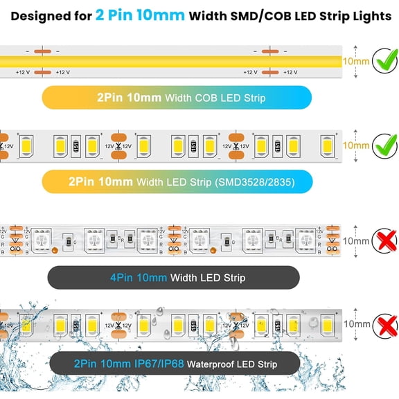 UYGDUY-15 Pack LED Strip Connectors 2 Pin 10mm Solderless, Transparent LED Tape Light Connectors, Strip to Strip LED Connectors with Screwdriver for 12V 24V Single Color COB/SMD LED Light Strips