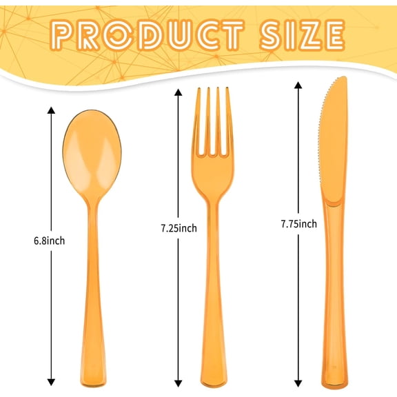 UYGDUY-150 Pack Plastic Silverware,Disposable Cutlery Set Heavy Duty Utensil Sets 50 Forks 50 Knives 50 Spoons for Brithday, Wedding,Home School Party Picnics Restaurant Outdoor Events (Orange Clear)