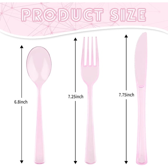 UYGDUY-150 Pack Plastic Silverware,Disposable Cutlery Set Heavy Duty Utensil Sets 50 Forks 50 Knives 50 Spoons for Brithday, Wedding,Home School Party Picnics Restaurant Outdoor Events (Pink Clear)