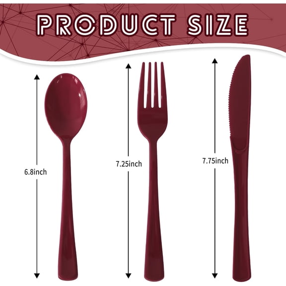UYGDUY-150 Pack Plastic Silverware,Disposable Cutlery Set Heavy Duty Utensil Sets 50 Forks 50 Knives 50 Spoons for Brithday, Wedding,Home School Party Picnics Restaurant Outdoor Events (Burgundy)